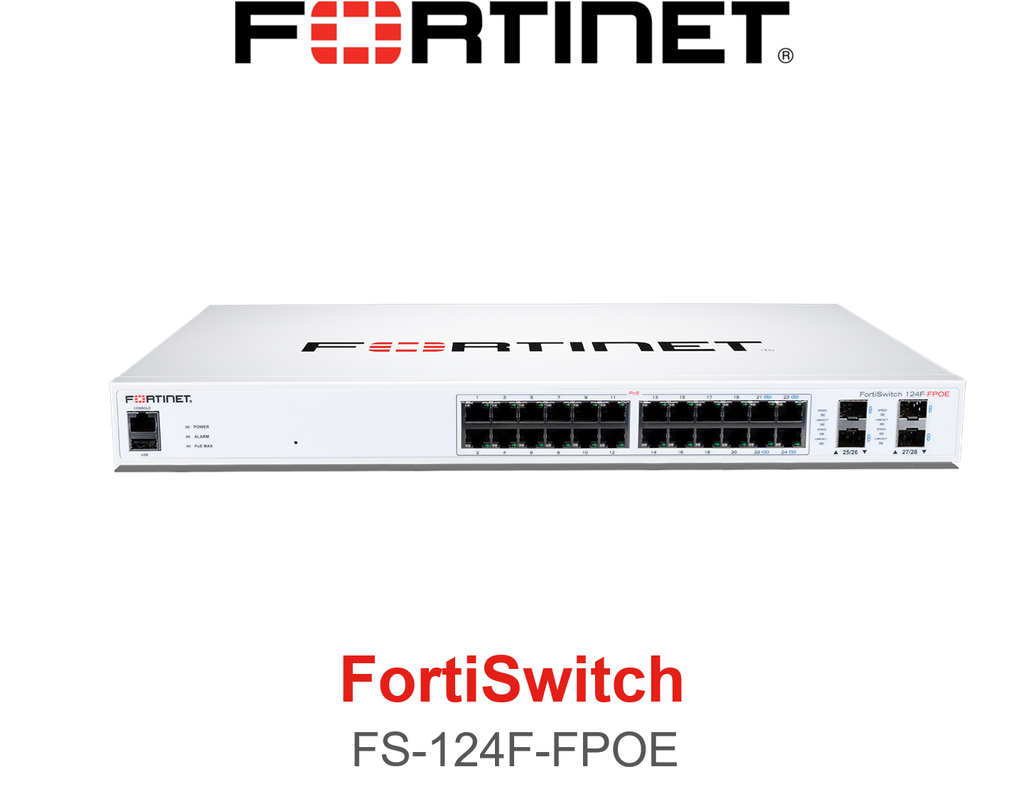FS-124F-FPOE Layer 2 switch controller compatible PoE+ switch with 24x 1G RJ45 with PoE+ and 4x 10G/1G SFP+/SFP ports and 1x RJ45 console port. Max 370W PoE output limit with smart fan/temperature control.  