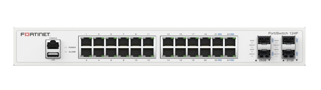 FS-124F-FPOE Layer 2 switch controller compatible PoE+ switch with 24x 1G RJ45 with PoE+ and 4x 10G/1G SFP+/SFP ports and 1x RJ45 console port. Max 370W PoE output limit with smart fan/temperature control.  