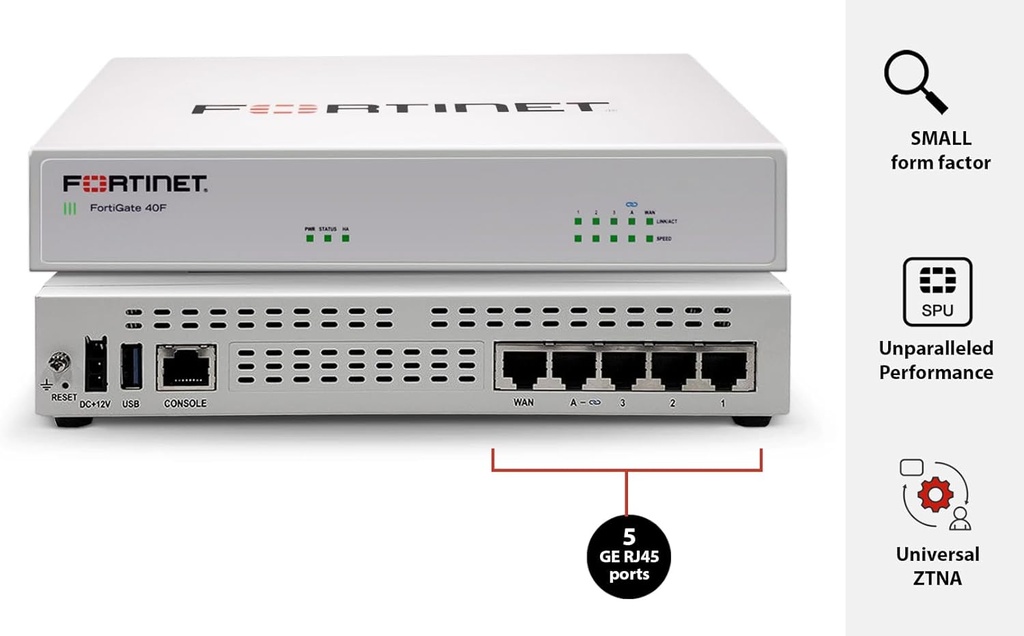 FG-40F - 5 x GE RJ45 ports (including , 1 x WAN Port, 4 x Internal Ports) 