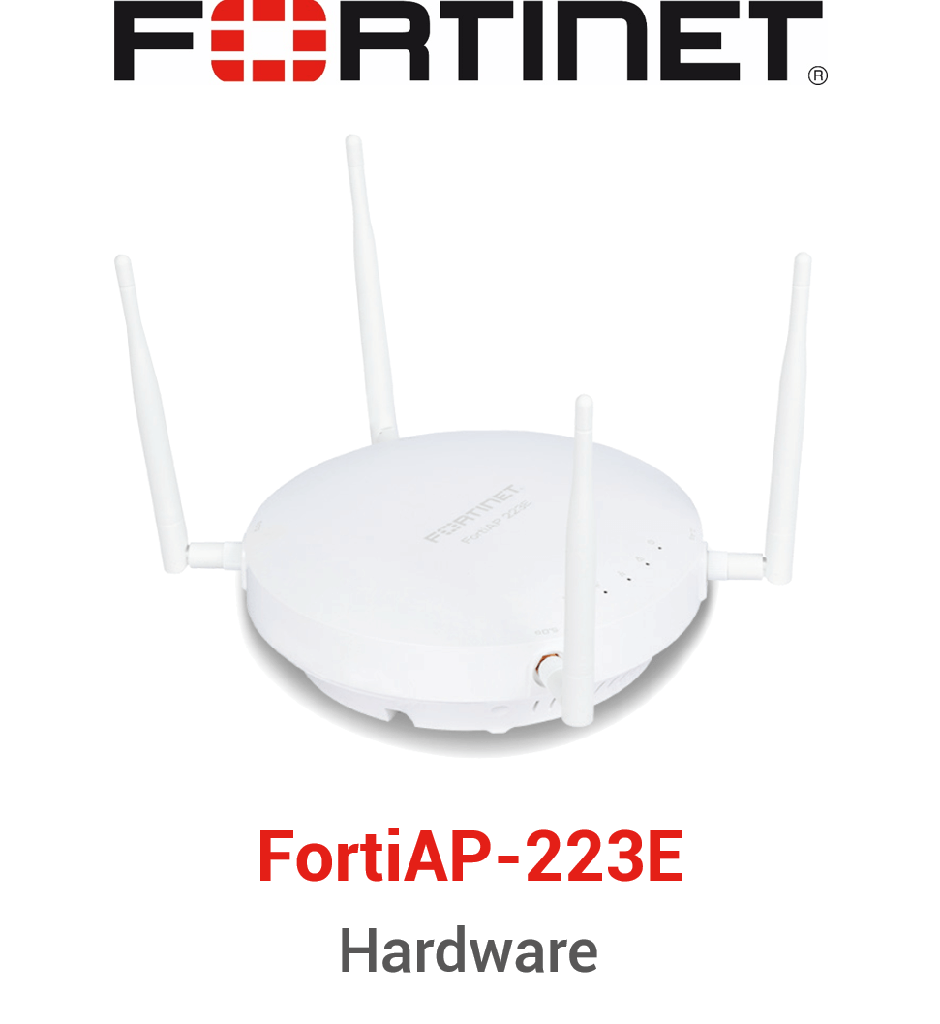 FAP-223E-E FortiAP-223E Indoor Wireless  AP - Dual radio (802.11 b/g/n and 802.11 a/n/ac Wave 2, 2x2 MU-MIMO), external antennas included, 1 x 10/100/1000 RJ45 port, BT / BLE. Ceiling/wall mount kit included.For power order: 802.3af PoE injector GPI-115 or AC adapter SP-FAP200-PA. Region Code E
