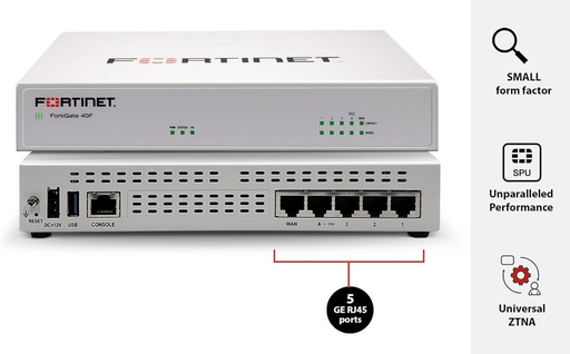 FG-40F - 5 x GE RJ45 ports (including , 1 x WAN Port, 4 x Internal Ports) 